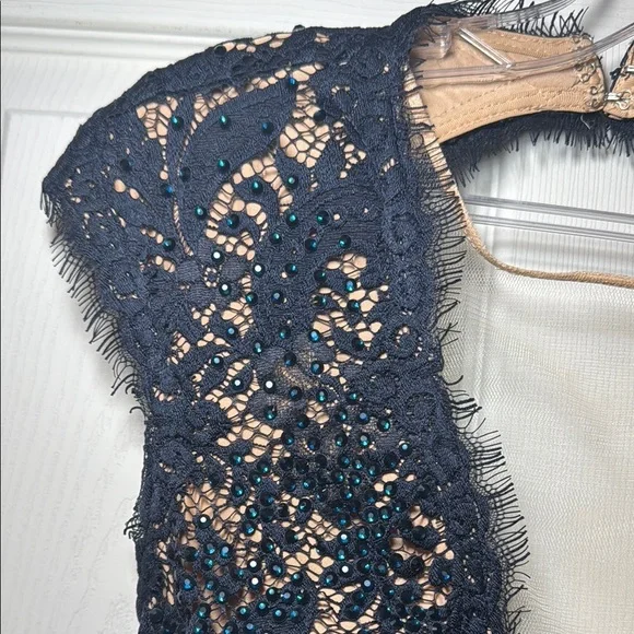 Navy Blue Evening Gown Nude Lining with Lace Overtop Beaded Plunging Neckline - Picture 3 of 16